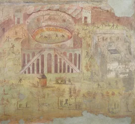 Uma luta no anfiteatro, 59 dC, batalha entre os cidadãos de Pompéia e Neceria, de Pompéia, 4 estilo decorativo